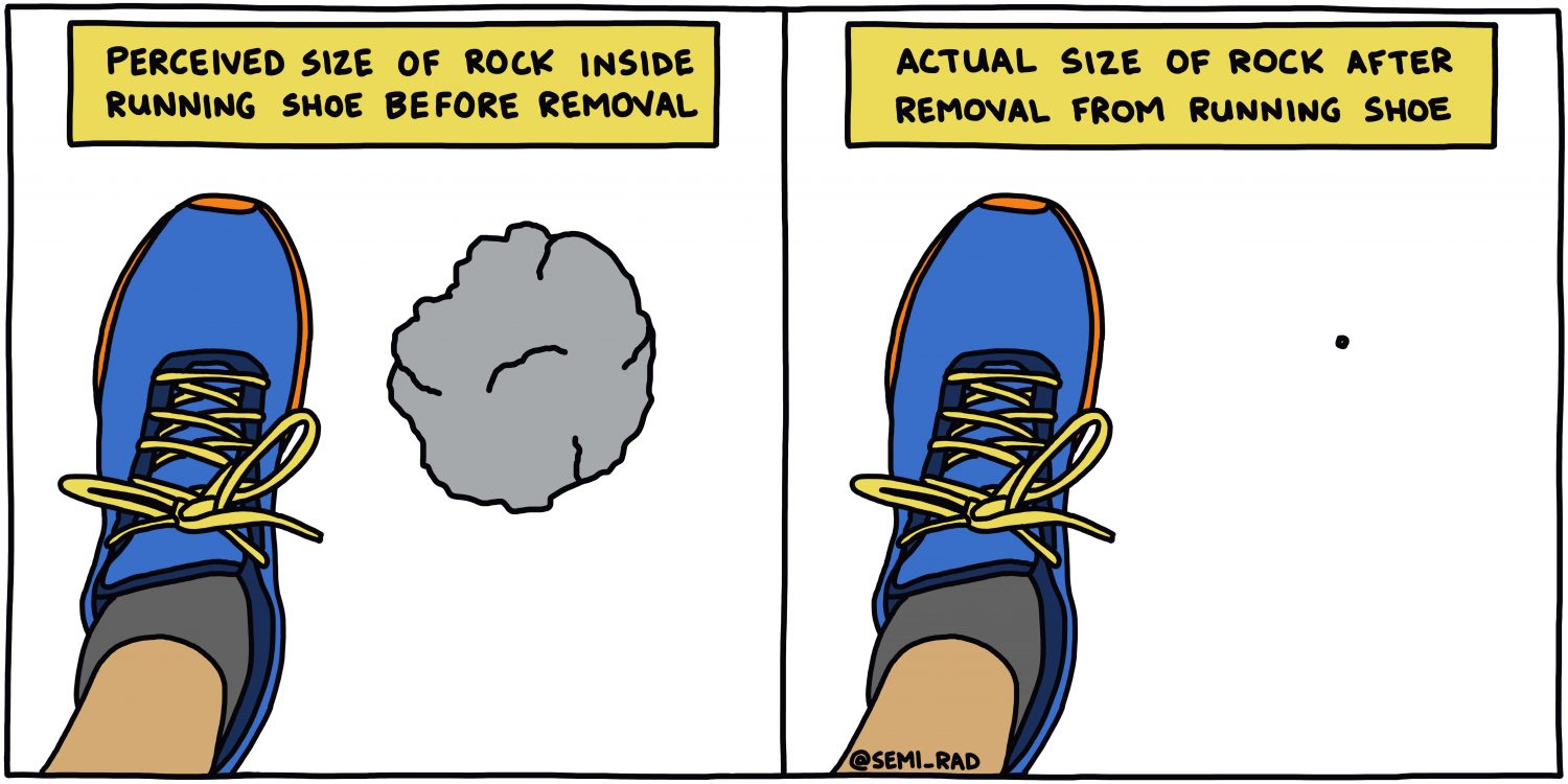 semi-rad illustration: perceived size of rock inside running shoe before removal vs. actual size of rock after removal from running shoe