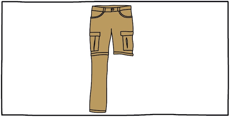 drawing of convertible hiking pants with one leg missing—lost-and-found stories from the outdoors