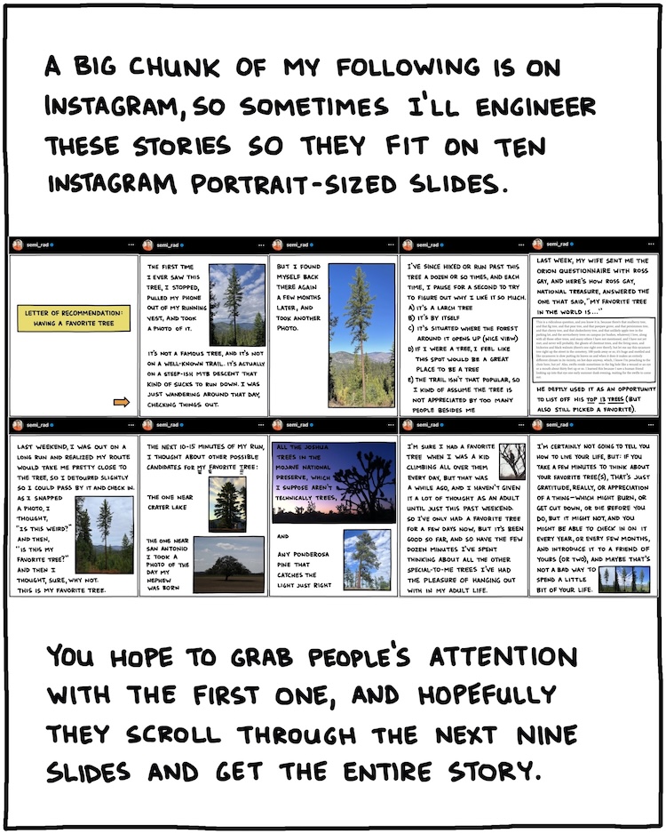 A big chunk of my following is on Instagram, so sometimes I will engineer these stories so that they fit on 10 Instagram portrait-sized slides. [SCREENSHOT OF INSTAGRAM CAROUSEL] You hope to grab people's attention with the first one, and hopefully, they scroll through the next nine slides and get the entire story.