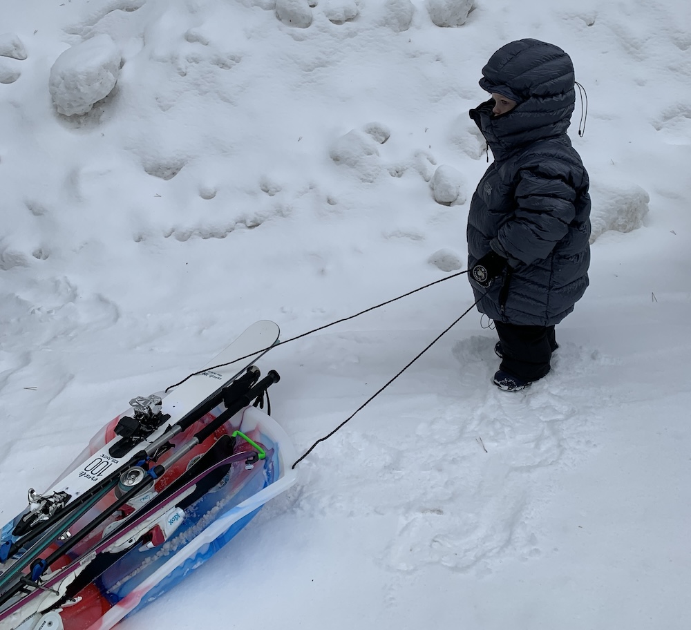 kid with sled and skis