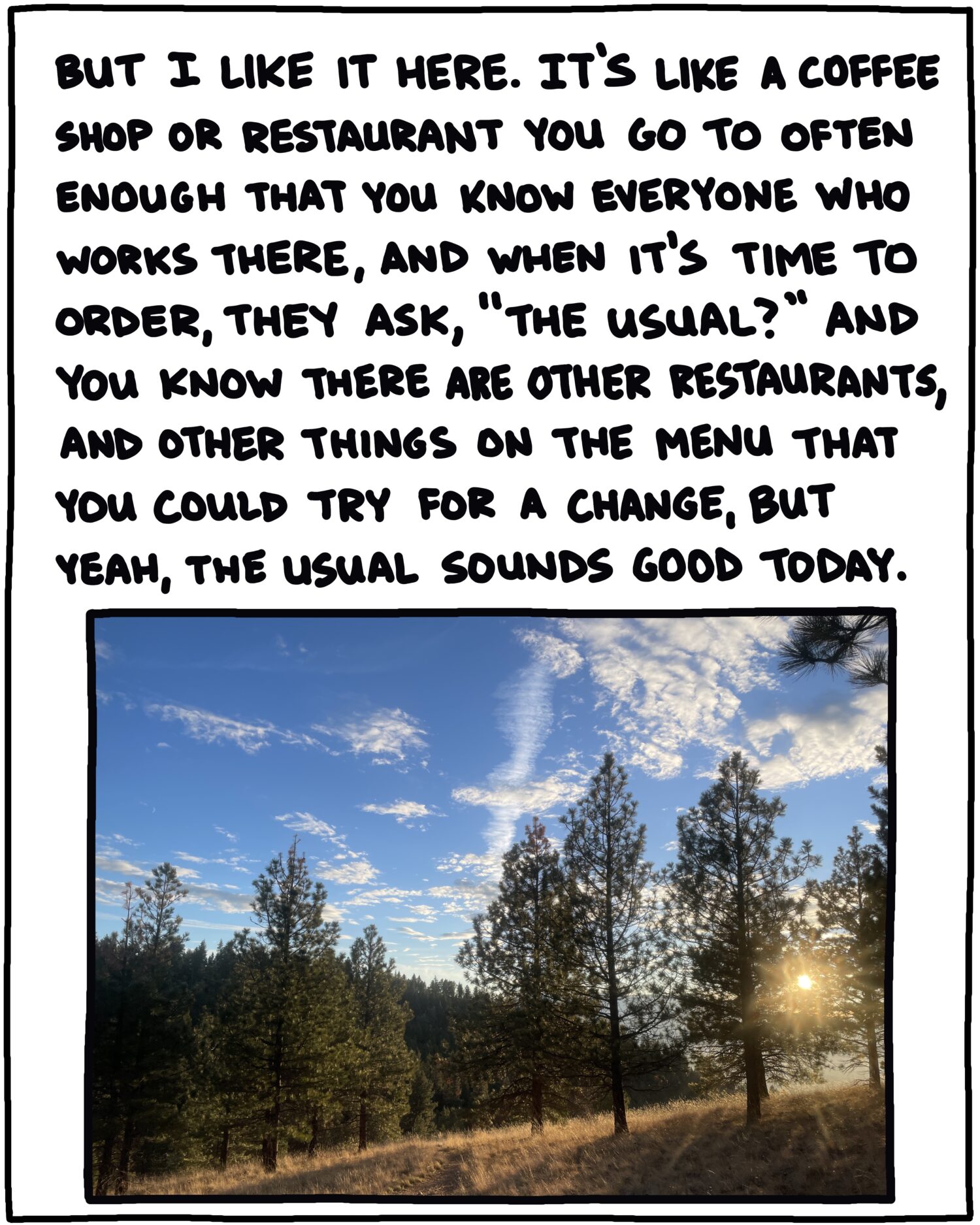 photo of trees and text: But I like it here. It’s like a coffee shop or restaurant you go to often enough that you know everyone who works there, and when it’s time to order, they ask, “The usual?” And you know there are other restaurants, and other things on the menu you could try for a change, but yeah, the usual sounds good today. 