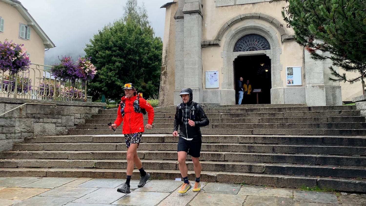 majell and brendan begin the Tour du Mont Blanc on the steps of the Eglise Saint-Michel in Chamonix
