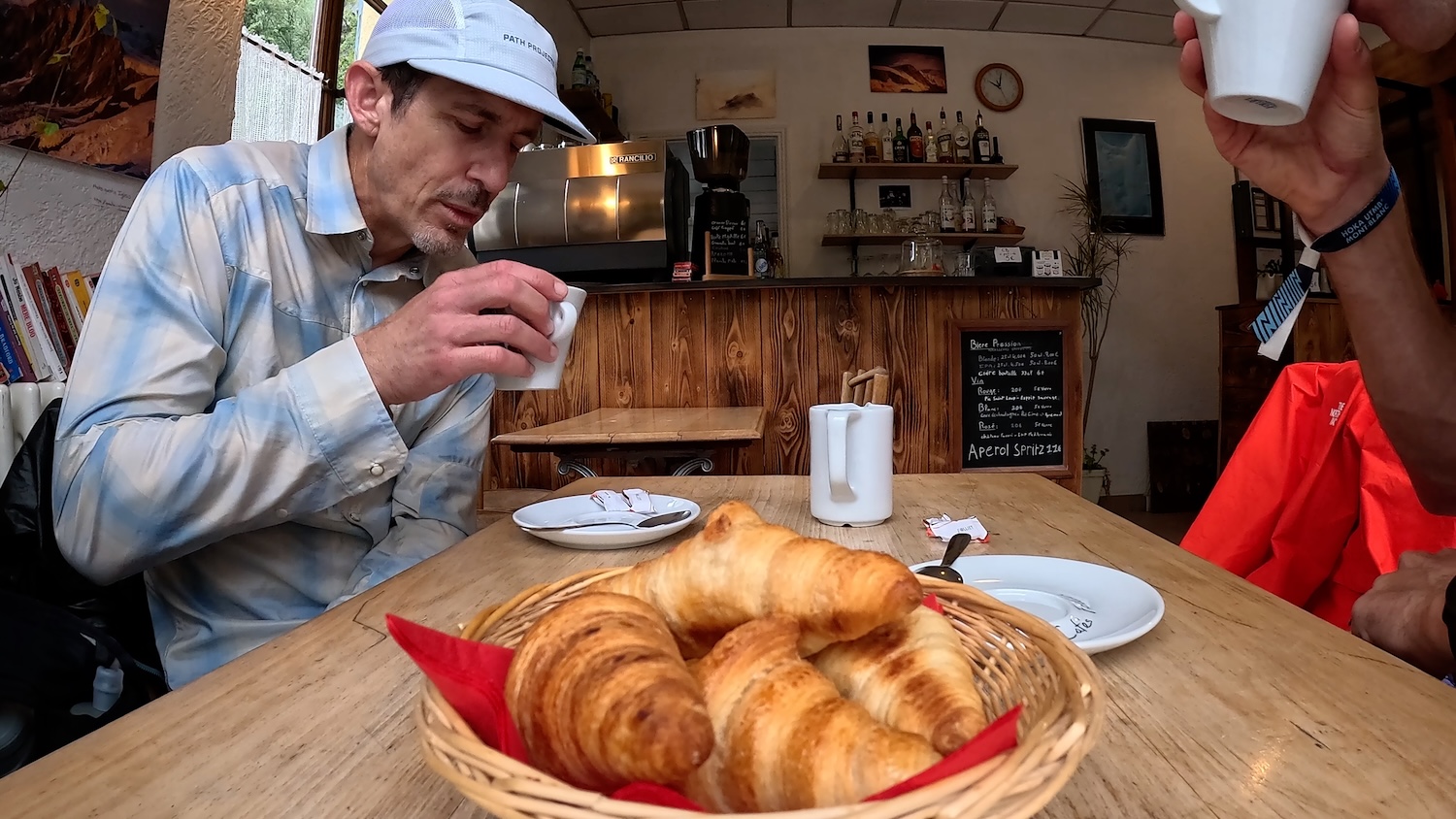 our first coffee and croissant of the Tour du Mont Blanc, 1.2 miles 