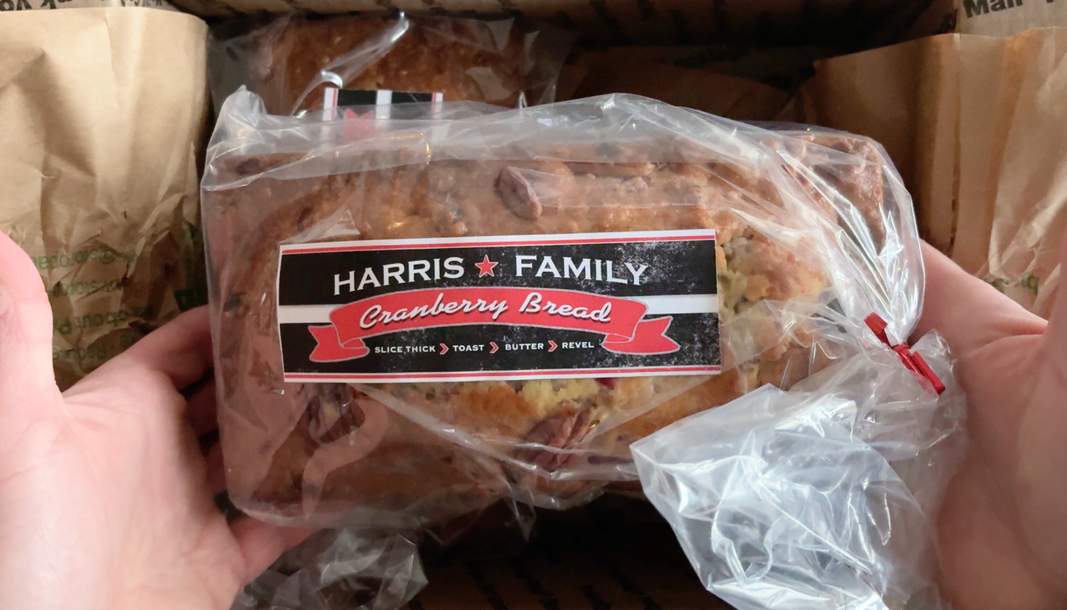 single loaf of Harris Family Cranberry bread in bag