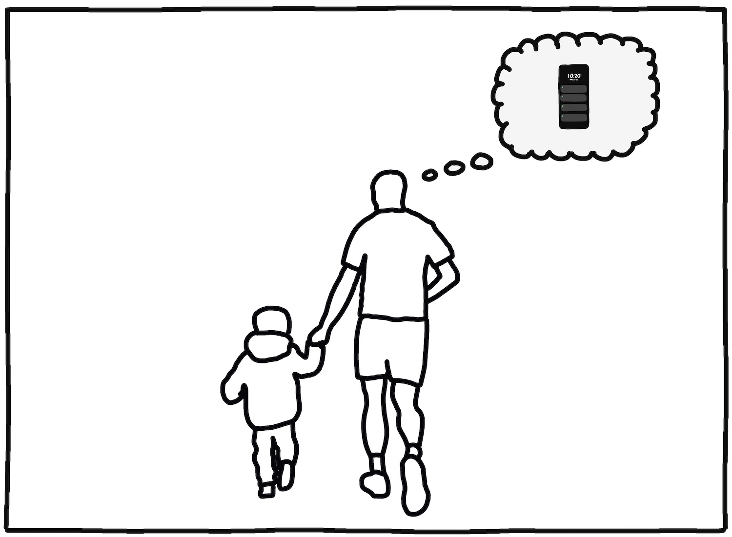 person holding hands with child while thinking about their phone notifications