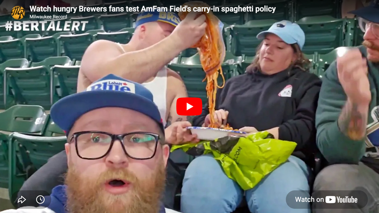 thumbnail from Watch hungry Brewers fans test AmFam Field's carry-in spaghetti policy