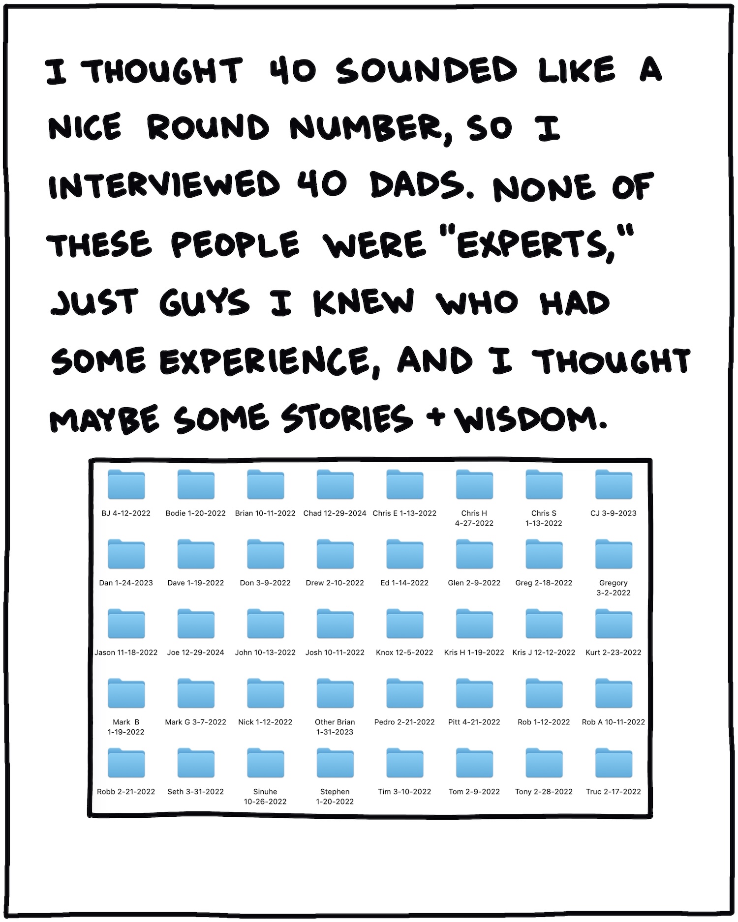 I thought 40 sounded like a nice round number, so I interviewed 40 dads. None of these people were "experts," just guys I knew who had some experience, and I thought maybe some stories + wisdom.