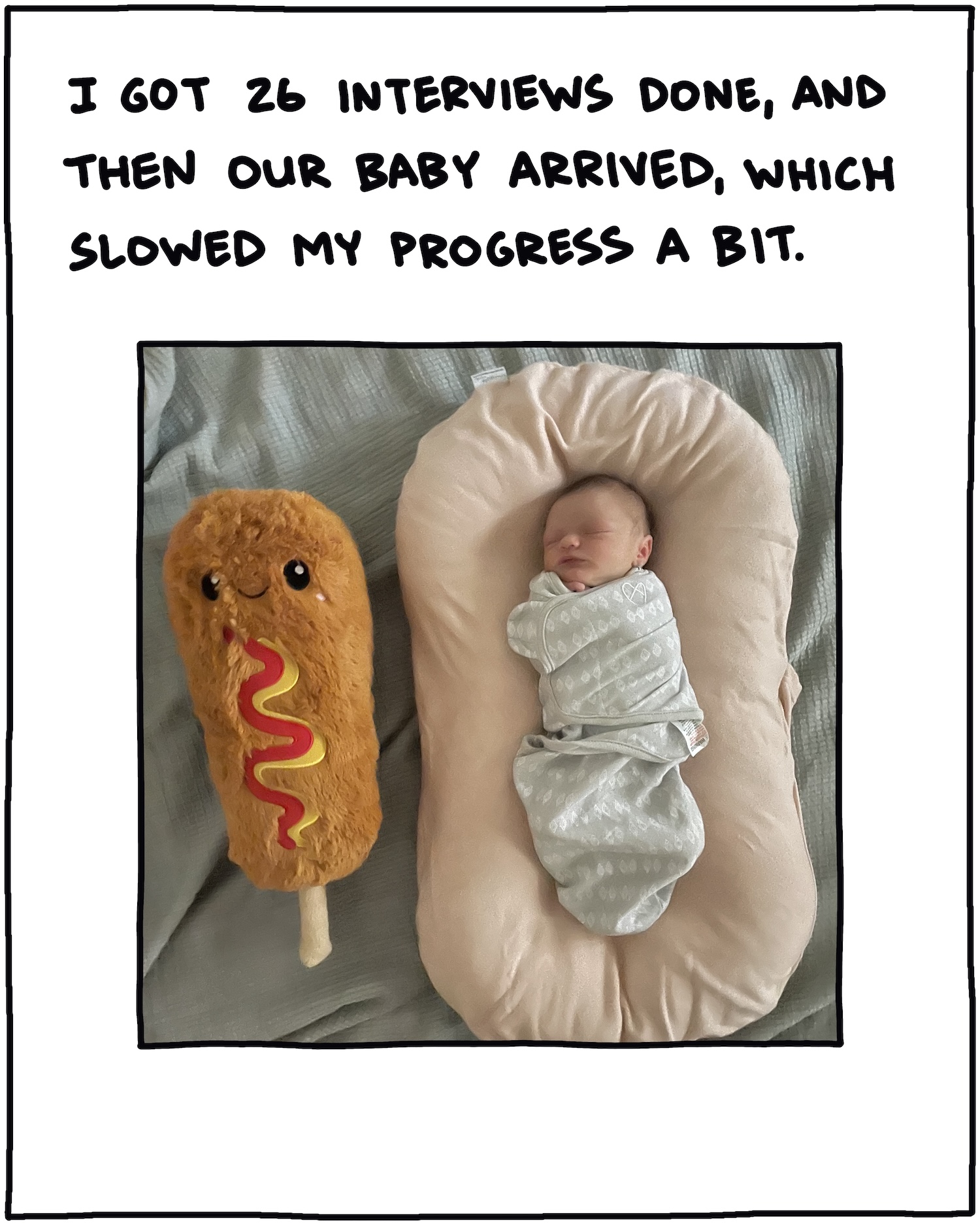I got 26 interviews done, and then our baby arrived, which slowed my progress a bit. 