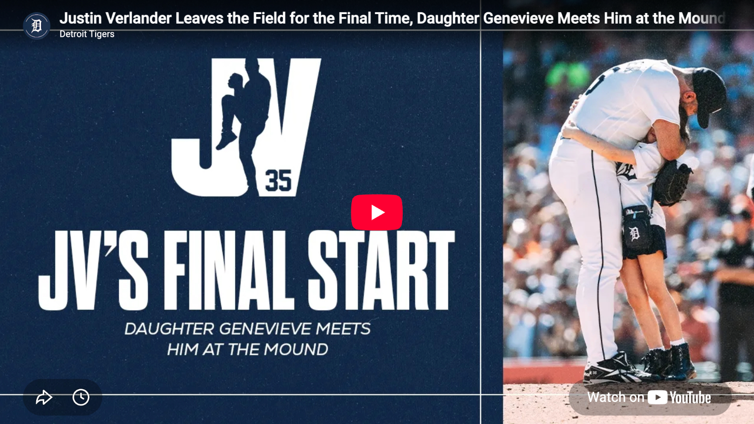 thumbnail from Justin Verlander Leaves the Field for the Final Time, Daughter Genevieve Meets Him at the Mound